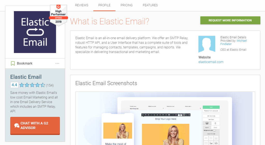 G2 Crowd profile page of Elastic Email