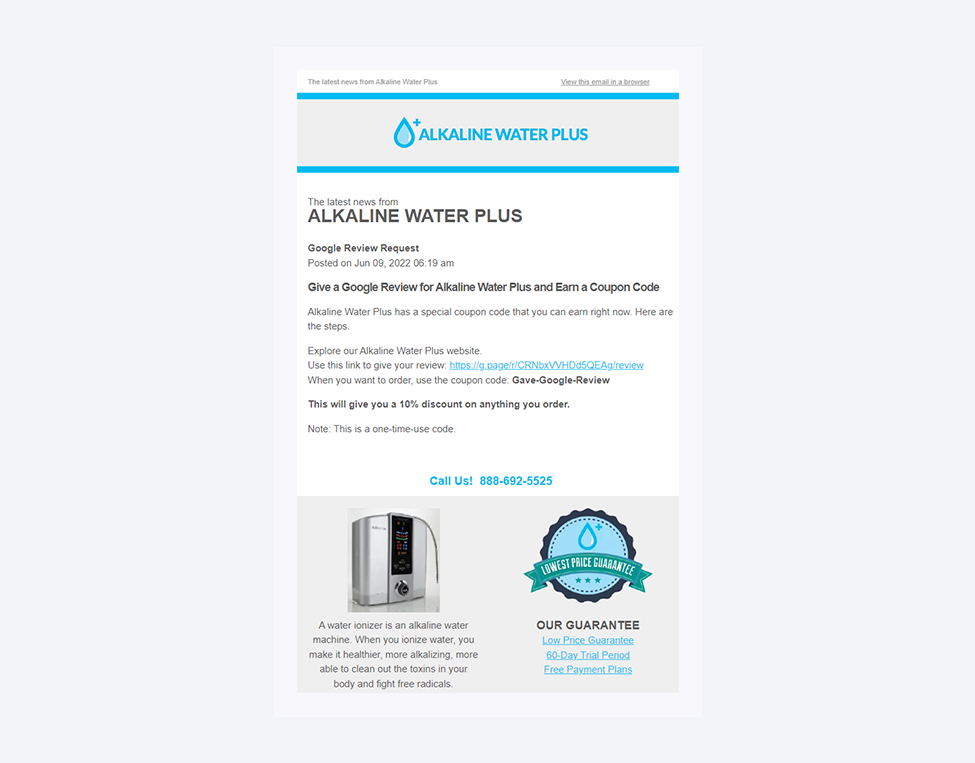The best review request emails: example from Alkaline Water Plus