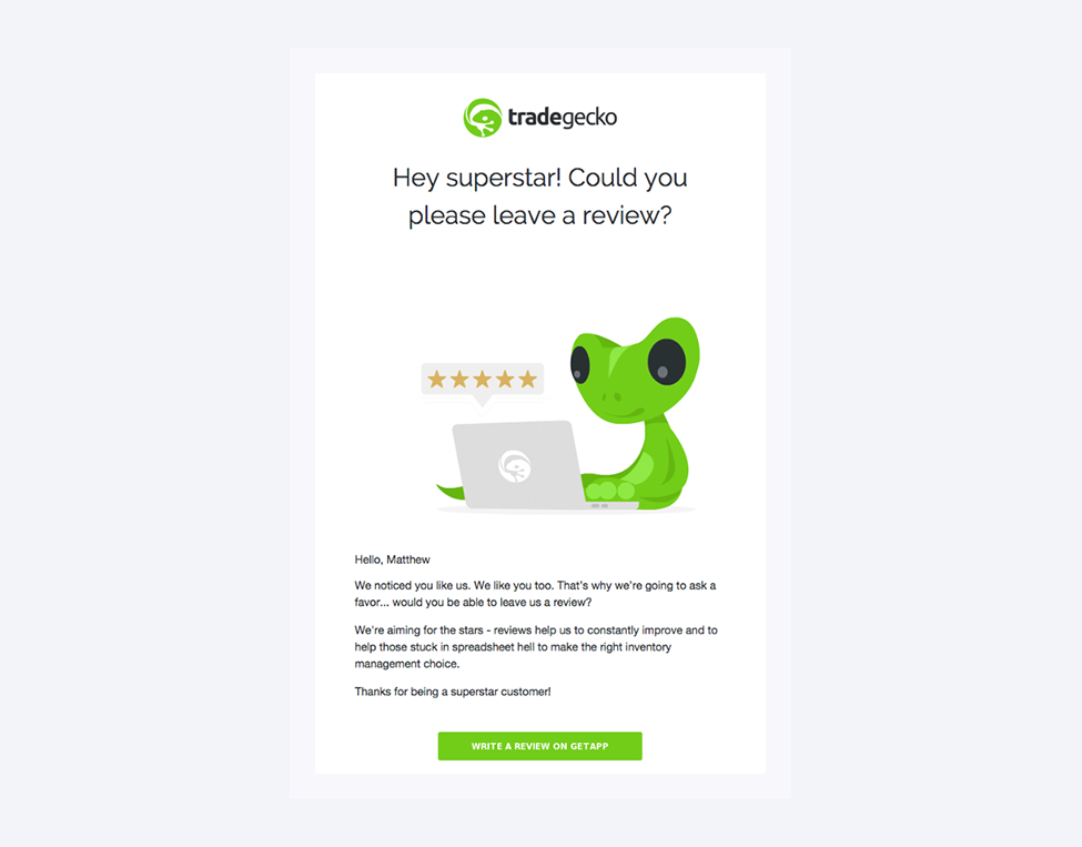 A review request email template from TradeGecko
