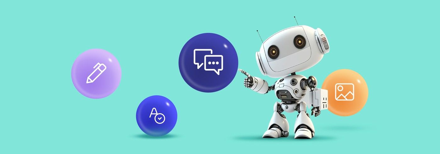 Small white robot on a green background with icons related to a different AI-powered email marketing tools.
