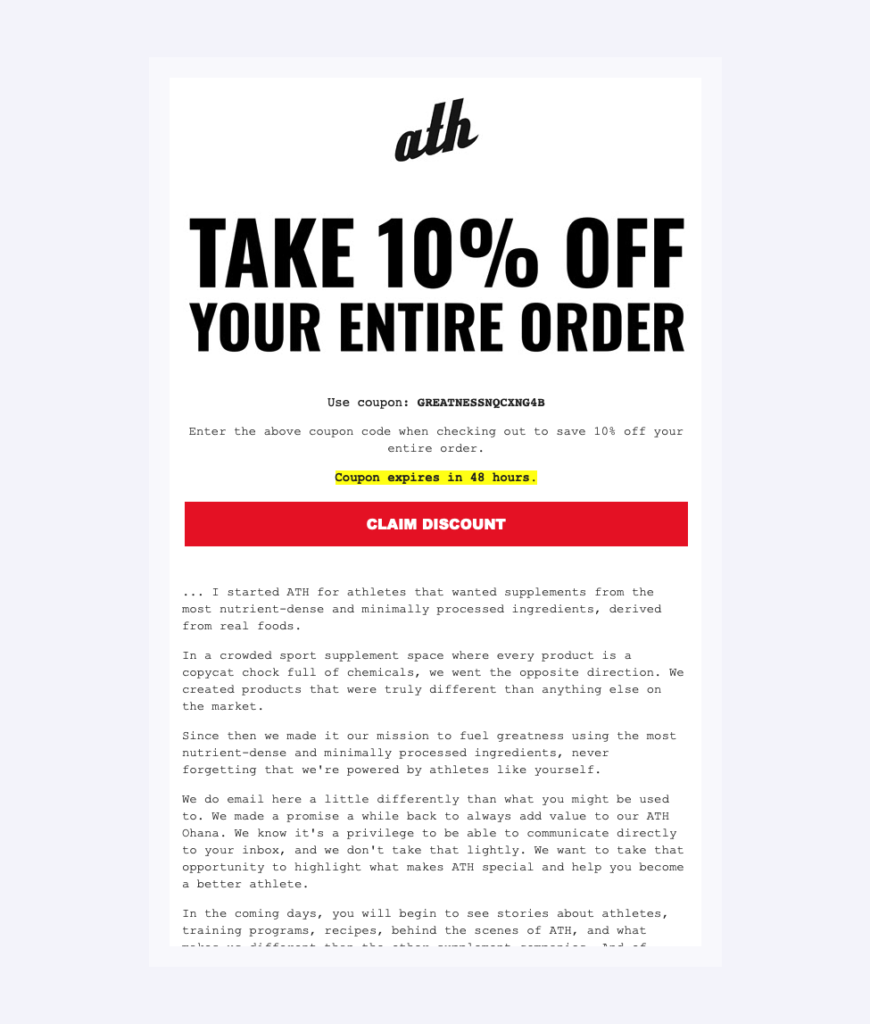 Example of an email using discount code to avoid welcome email mistakes 