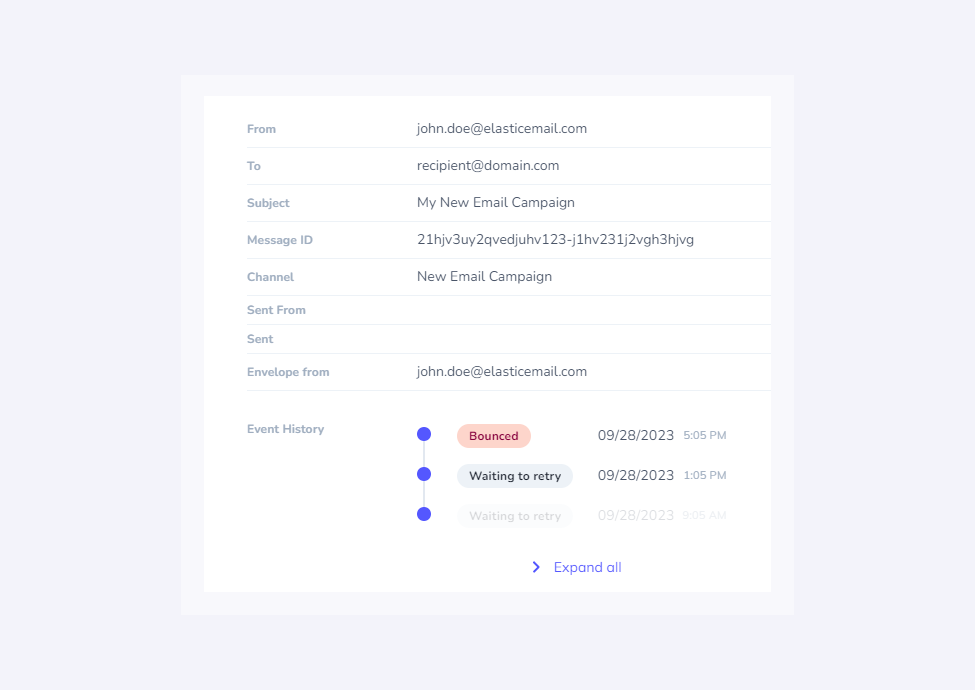 The image presents how bounced emails are dsplayed in the Elastic Email platform.