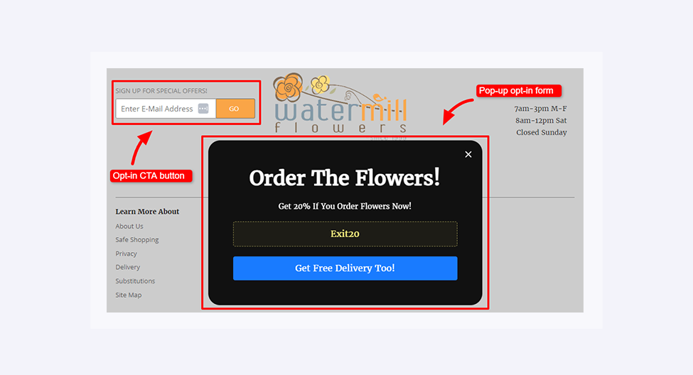 Example of an opt-in CTA button and Pop-up opt-in form on the Watermill Flowers website