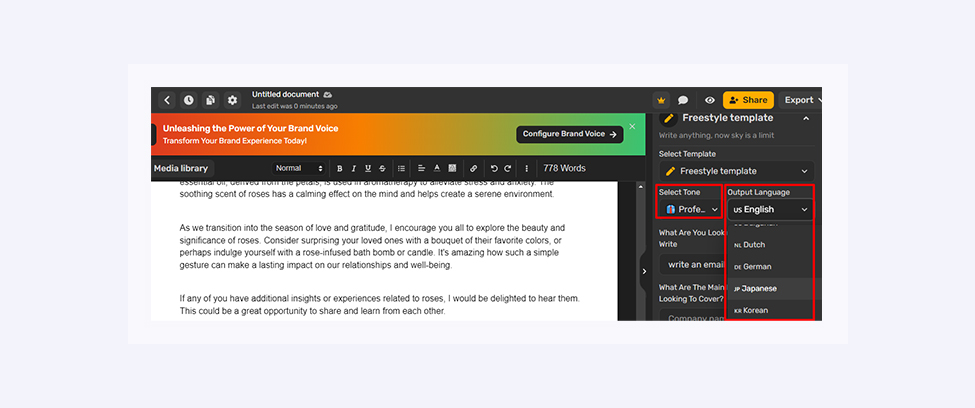 Screenshot from the AI writer Simplified interface