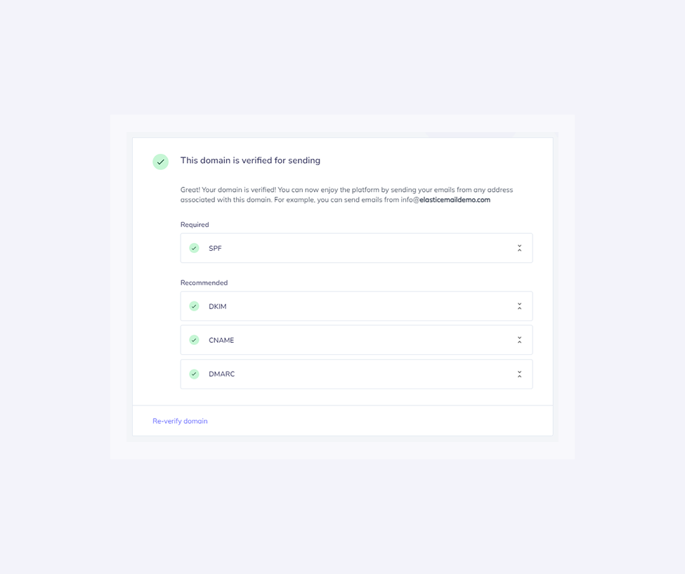 Domain verification screen in the Elastic Email dashboard