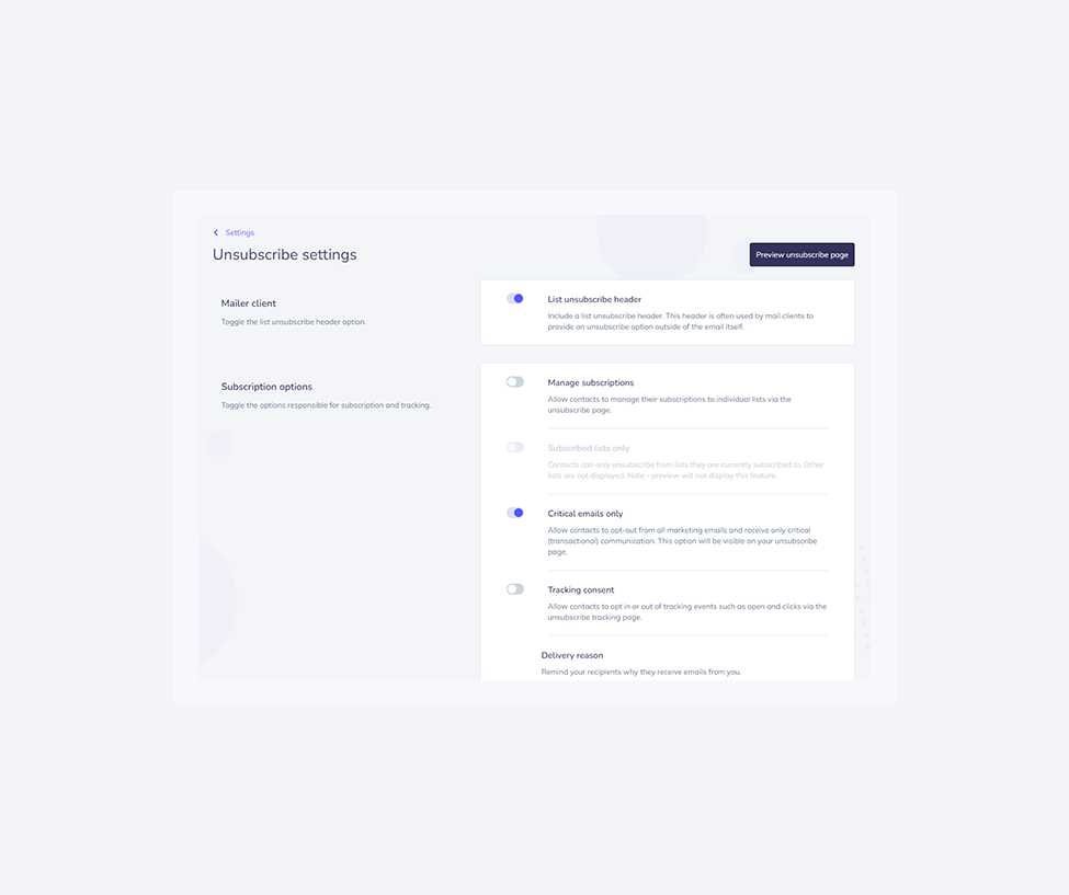 Unsubscribe settings in the Elastic Email dashboard