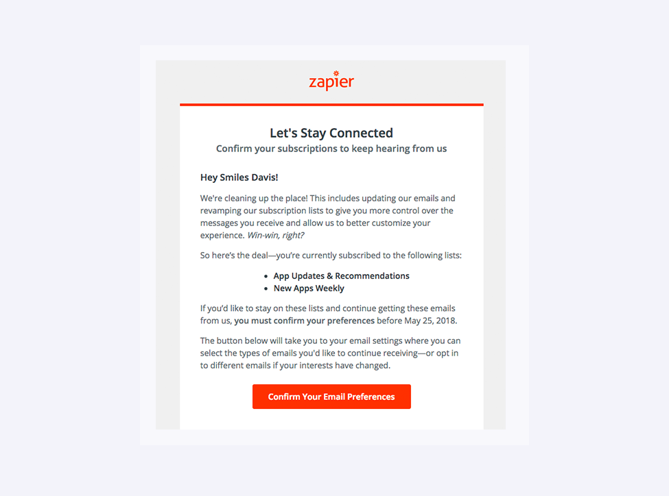An examples of an email to ask for subscriber's preferences by Zapier