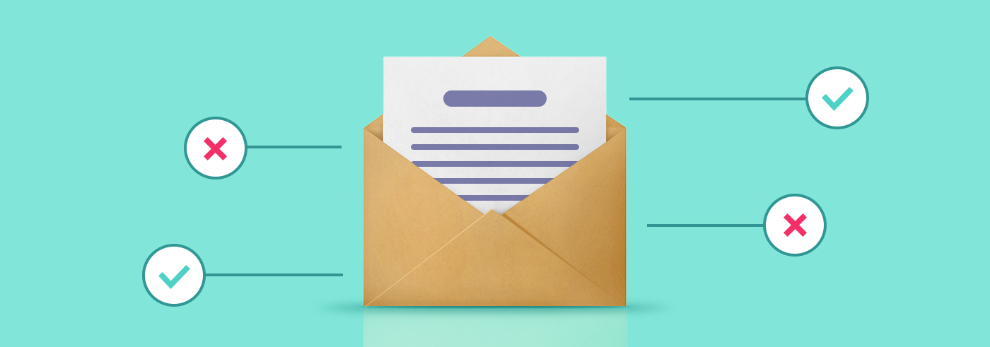 The main graphic presenting an envelope with an email and ticks and crosses all around