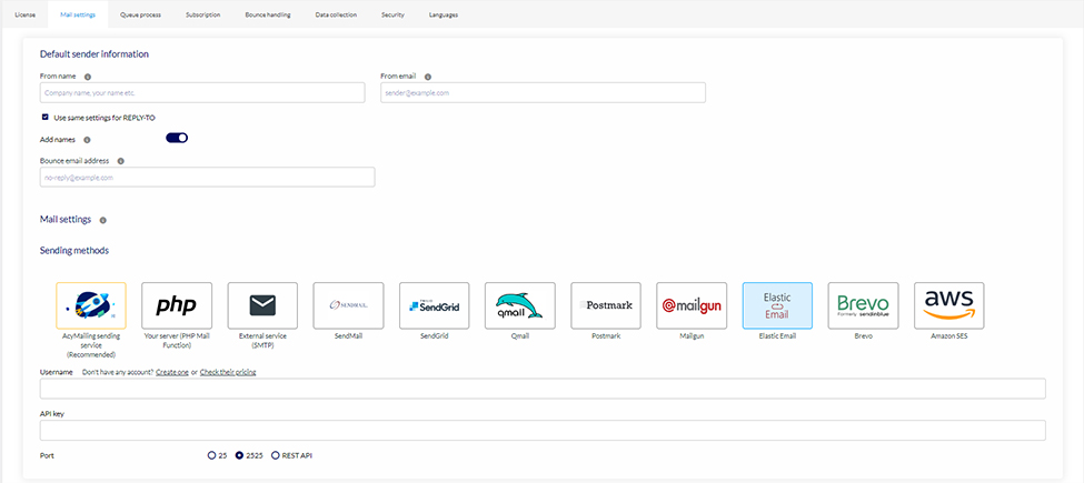 Image presents how to configure AcyMailing plugin with Elastic Email credentials