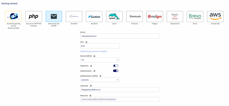 Image presents how to configure AcyMailing plugin with Elastic Email credentials