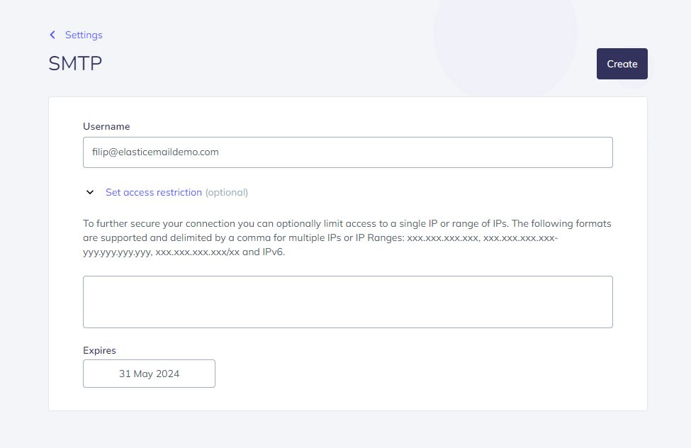 Image presents creating smtp credentials in Elastic Email
