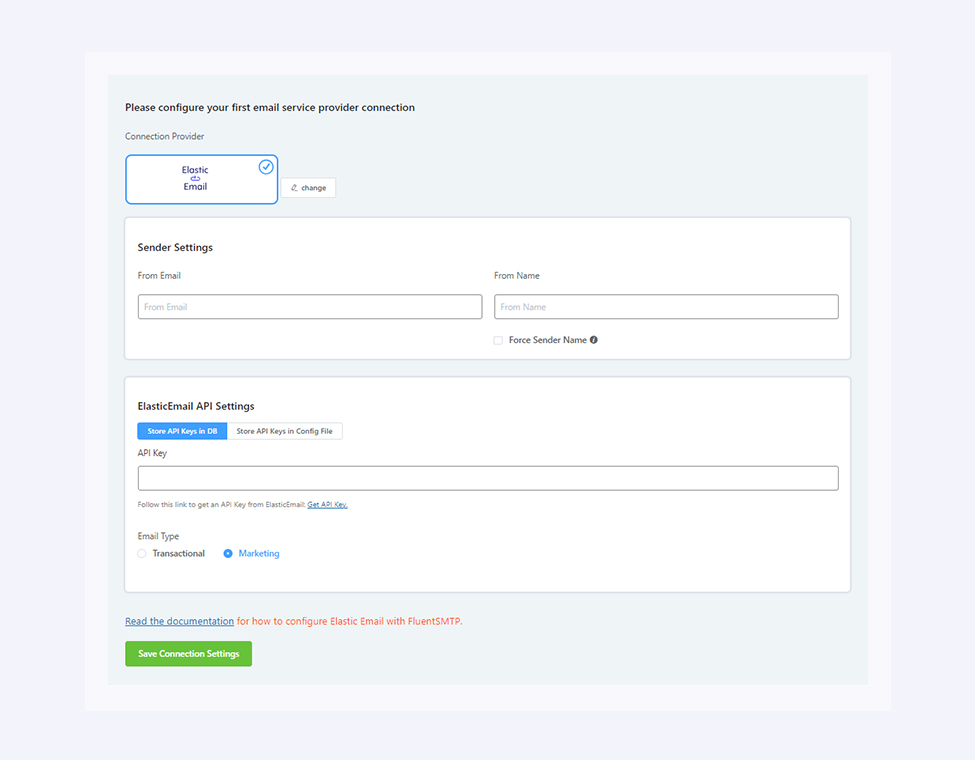 Image presents how to configure Fluent SMTP plugin with Elastic Email software