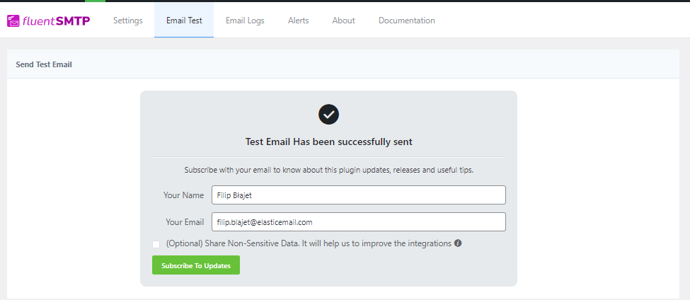 Image presents how to configure Fluent SMTP plugin with Elastic Email software