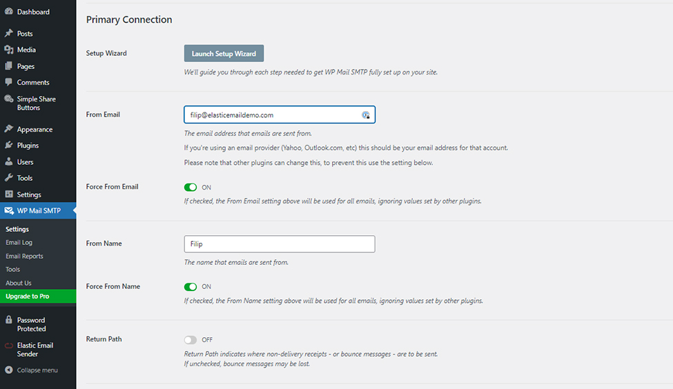 Picture presents how to configure WP Mail SMTP plugin with Elastic Email SMTP credentials