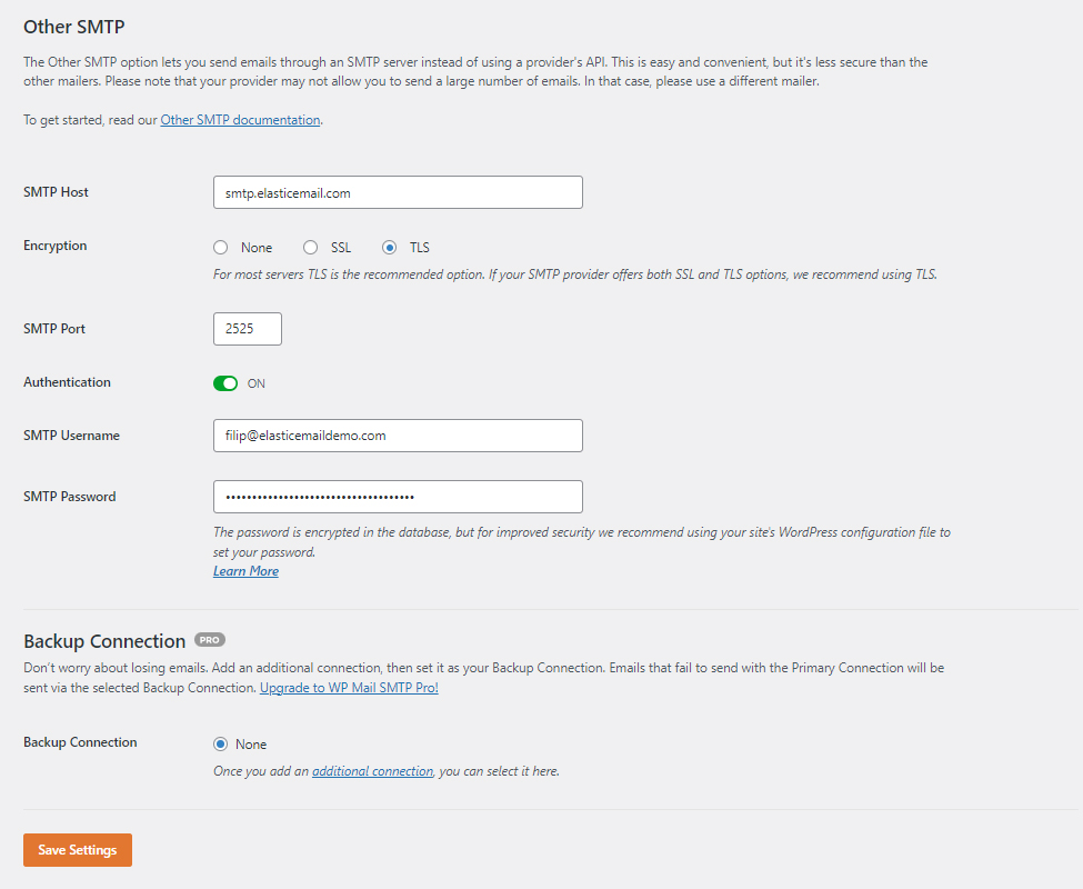 Picture presents how to configure WP Mail SMTP plugin with Elastic Email SMTP credentials