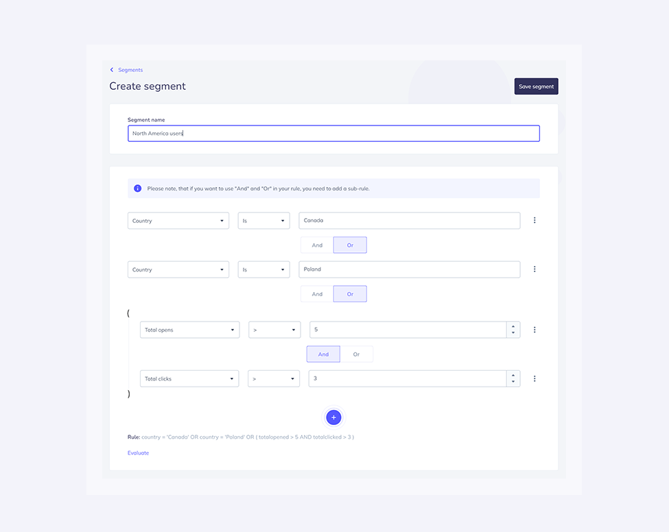 Screen presenting segment creation based on country