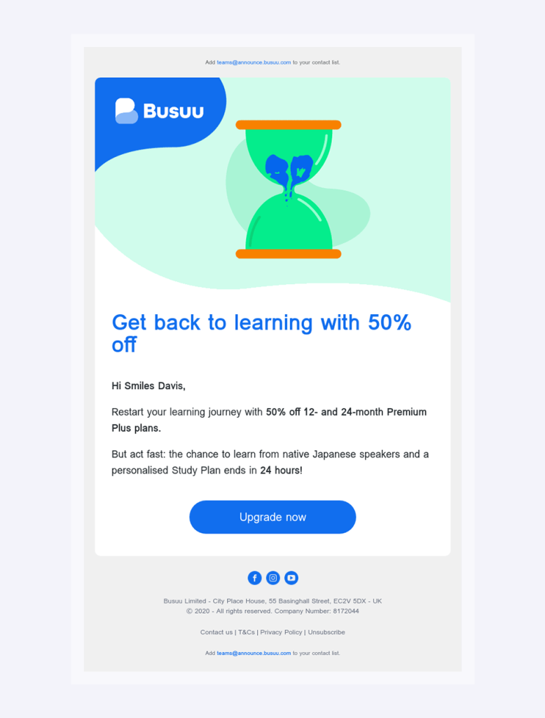 Win-back email from busuu targeted on users who stopped learning