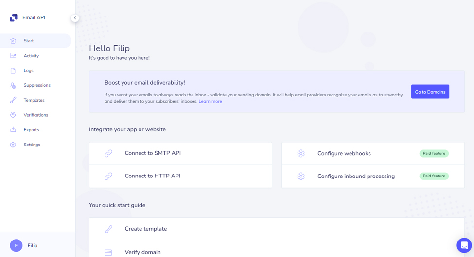 Main dashboard of email api product - Elastic Email