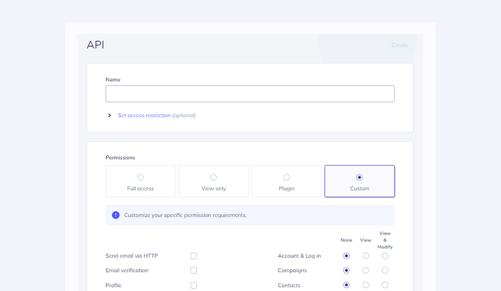 The image shows view of creating an api key in elastic email product