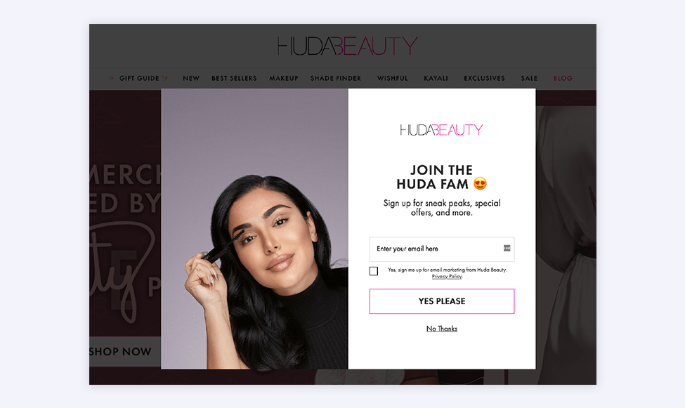 Example of a pop-up sign up form on the Huda Beauty website