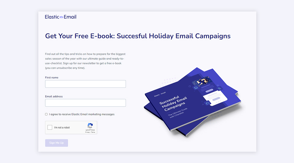 Elastic Email advertisement encouraging to sing up to the subsriber lists in exchange of an e-book