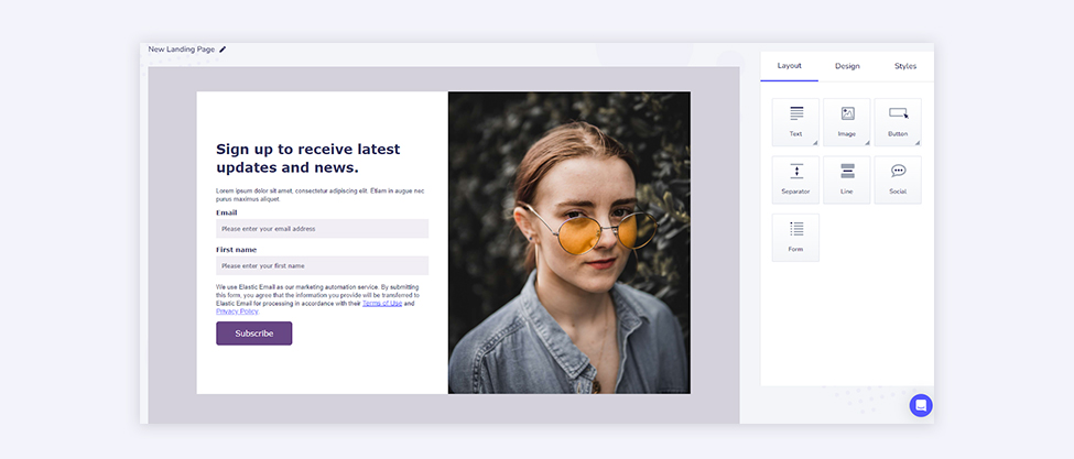 Image presenting a part of the Elastic Email interface - landing page creator