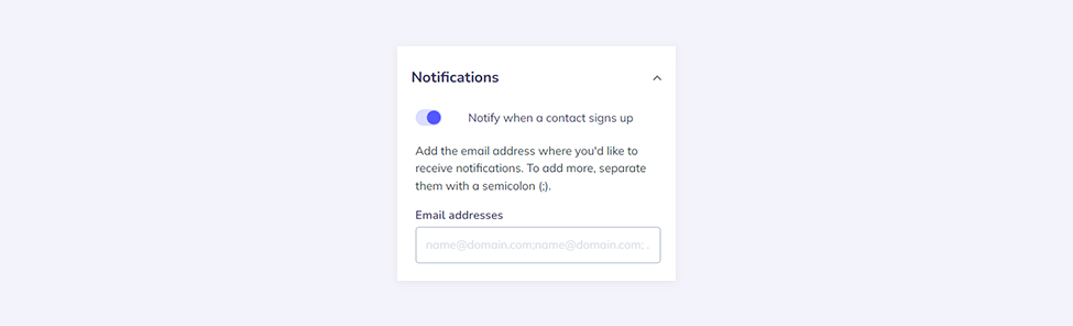 Screenshot from the Elastic Email landing page creator representing the Notification settings