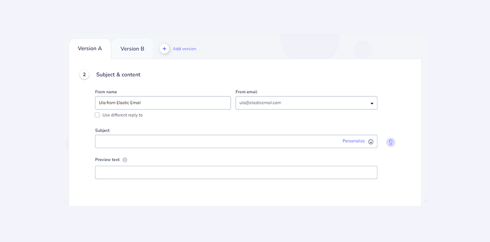 Screenshot presenting a part of the Elastic Email interface - from name, from email, the subject line, and the preview text of version A