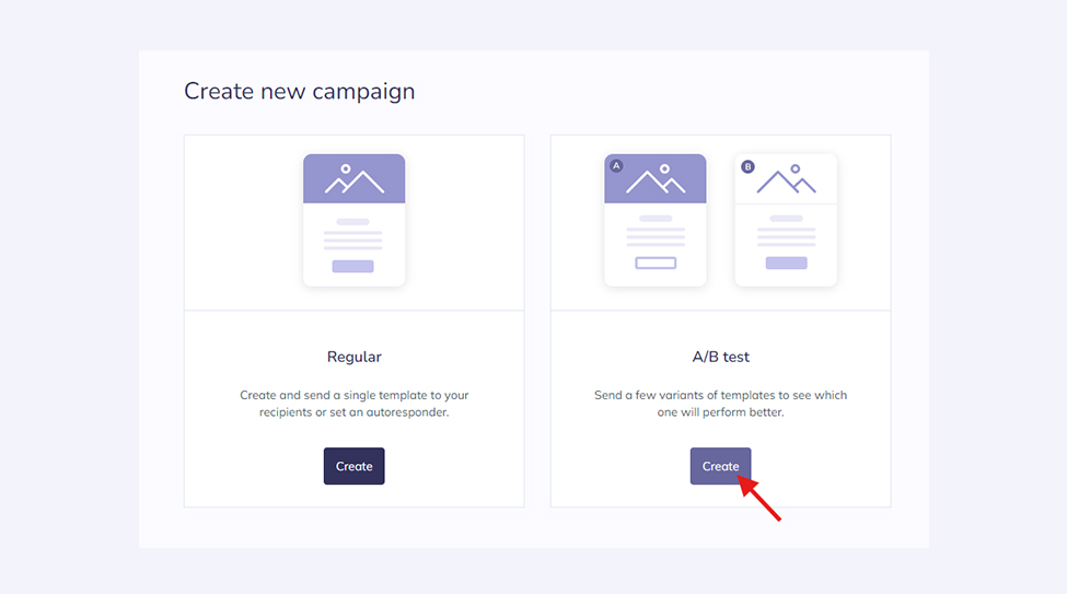 Screenshot presenting a part of the Elastic Email interface - choice between regular and A/B test campaign