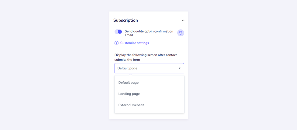 Screenshot from the Elastic Email landing page creator representing the Subscription settings