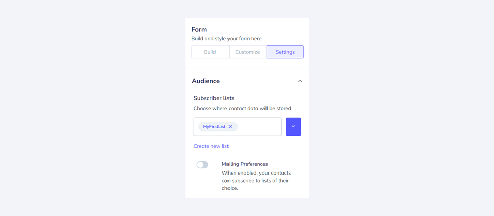 Screenshot from the Elastic Email landing page creator representing the Form settings