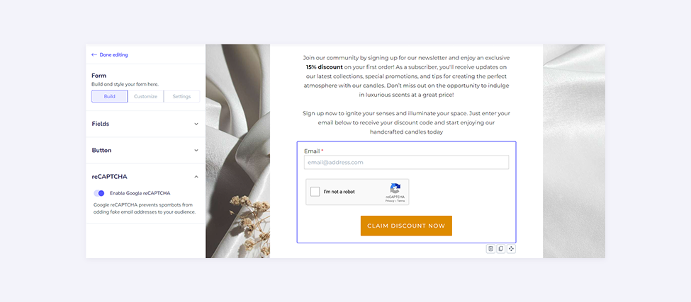 Screenshot from the Elastic Email landing page creator representing the reCAPTCHA settings