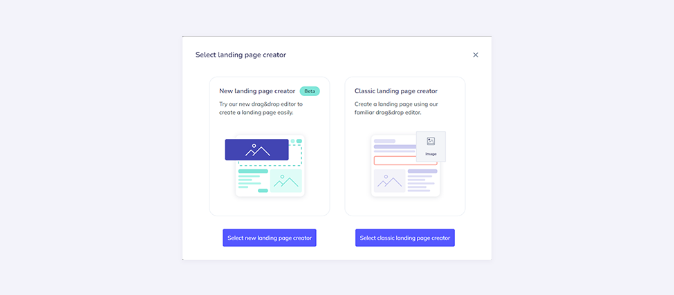Screenshot from the Elastic Email application represting the choice between the new and classic landing page creator