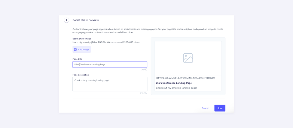 Screenshot from the Elastic Email landing page creator representing the social media share preview