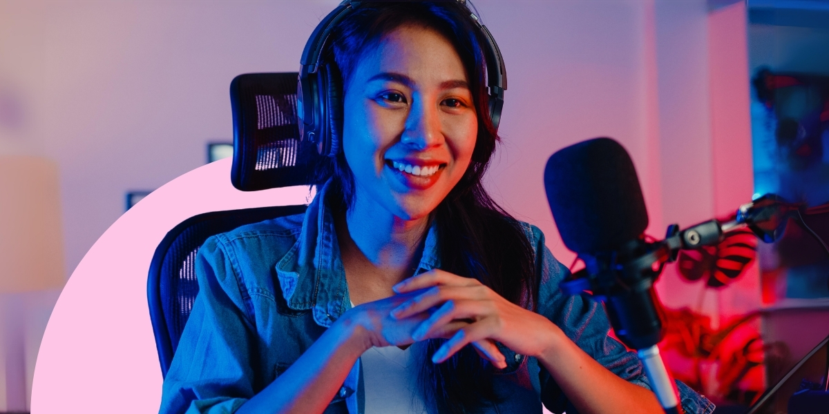 The main image shows a woman with headphones on her ears sitting opposite a microphone