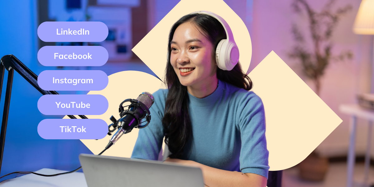 The main image shows a woman with headphones on her head, in front of a microphone and a laptop, next to her, on the left, are buttons with links to social profiles