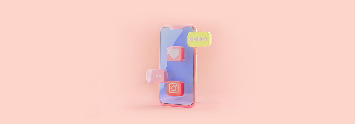 The main image presenting a smartphone with various icons popping out of the screen - heart emoji, conversation bubble, instagram logo