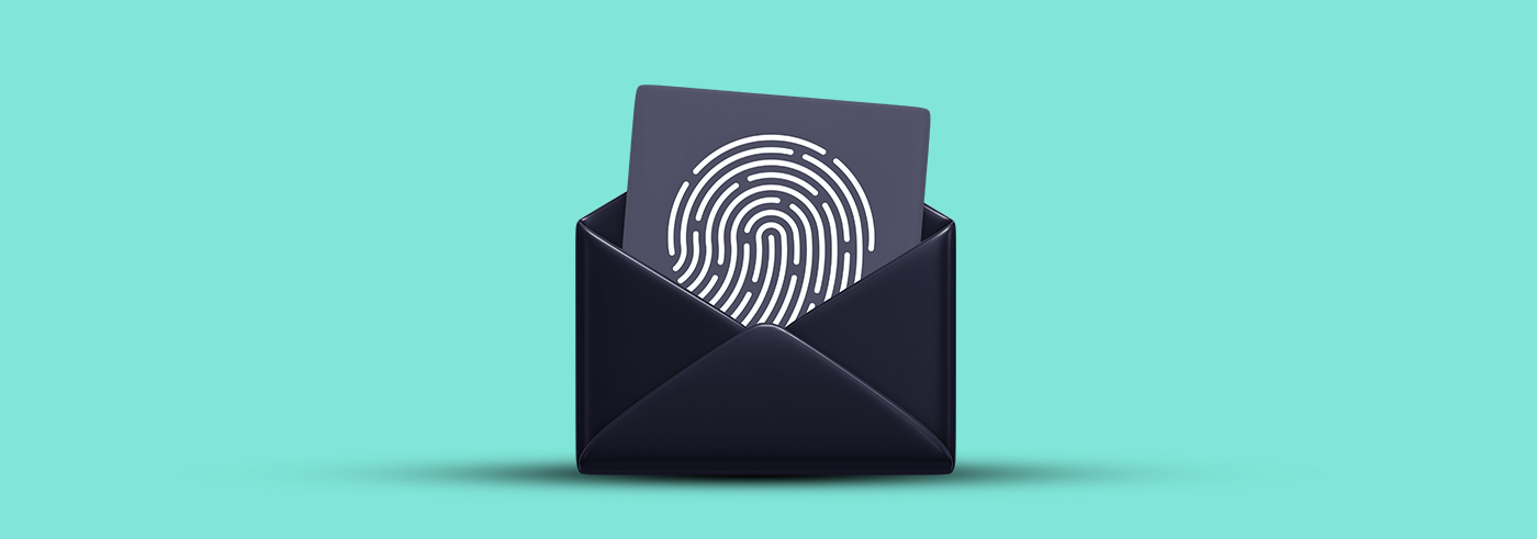 The main image presenting a black envelope with a black sheet of paper sticking out with a fingerprint on it