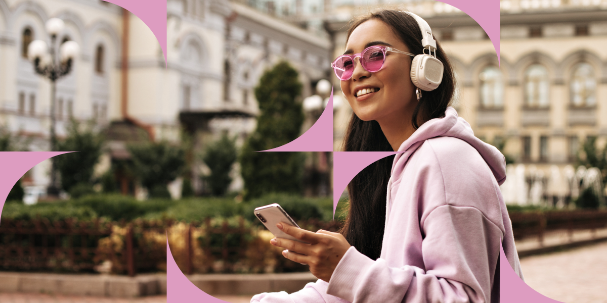 The main image presenting a woman wearing headphones and holding a smartphone