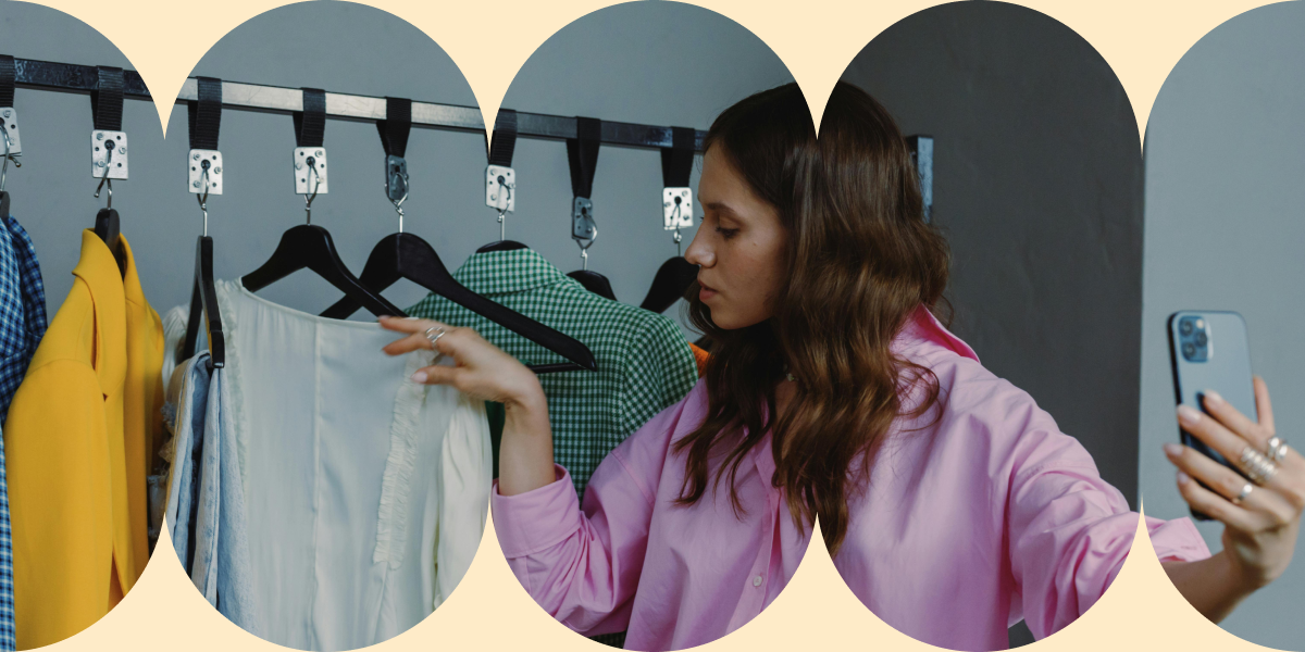 The main image shows a woman holding a smartphone in one hand while recording a video, and the other browsing through clothes on hangers