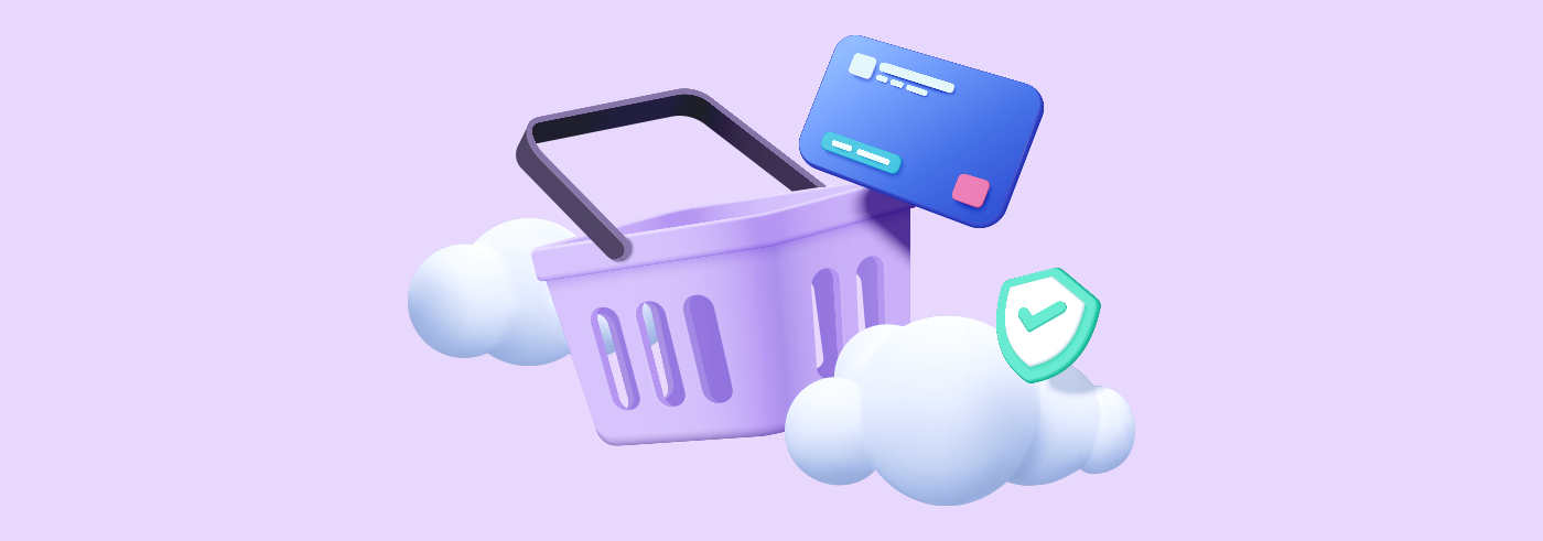 The main image presenting a a shopping cart, a credit card and clouds flyind around