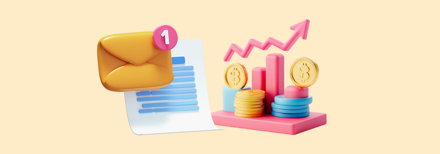 The main image presenting an envelopes, a piece of paper and a bar chart with coins beside it