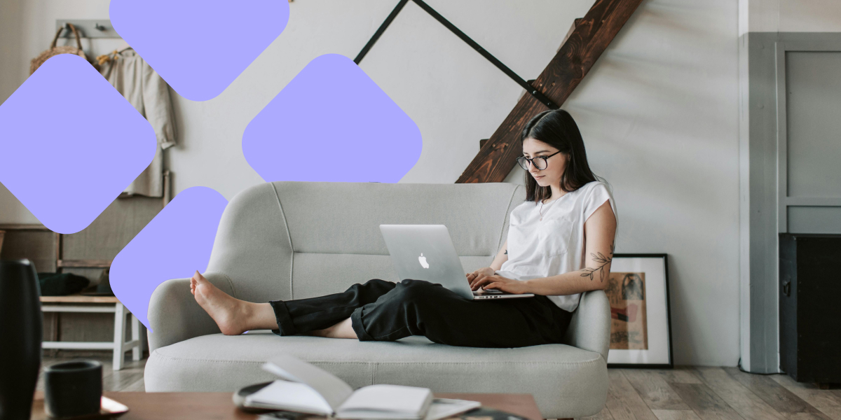 The hero image presenting a woman on the couch representing working on own shop