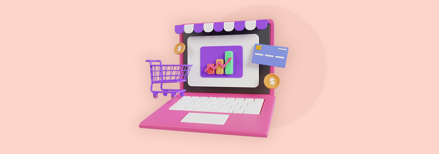 3D illustration of a pink laptop with a storefront awning on the screen, a bar chart with an upward arrow, a shopping cart, coins, and a credit card representing online sales and digital marketing.