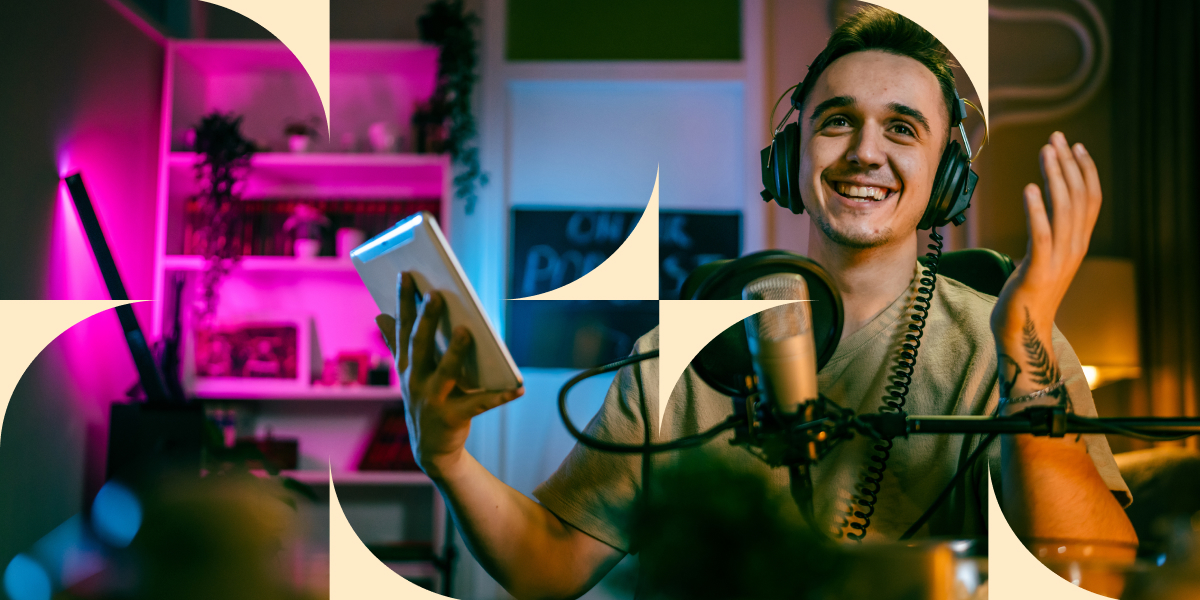 The main image presenting a man talking in front of a microphone holding a tablet