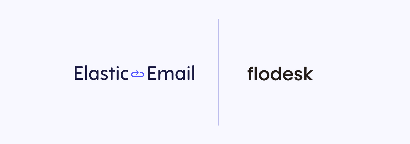 Side-by-side logos of two email marketing platforms: Elastic Email on the left, featuring a stylized blue arrow integrated into the word "Elastic," and Flodesk on the right in a clean, modern black font. A thin vertical divider separates the two logos, suggesting a comparison or partnership. The background is light gray.