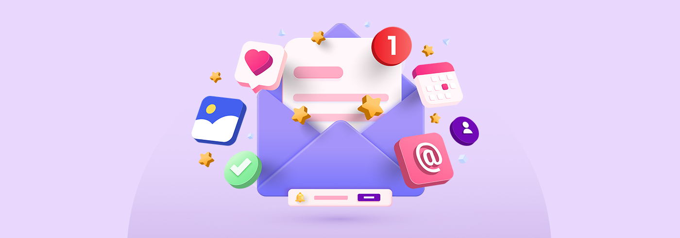 The main image presenting an envelope with a letter sticking out of it, with various icons flying around