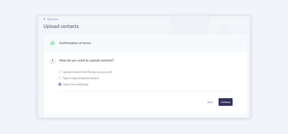 Screenshot from Elastic Email app - Upload contacts Import from Mailchimp