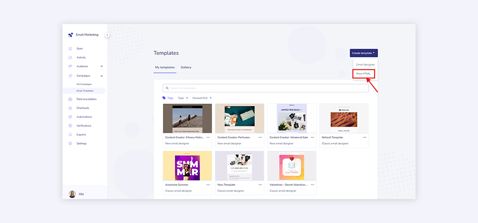 Screenshot from Elastic Email app to Create Raw HTML template