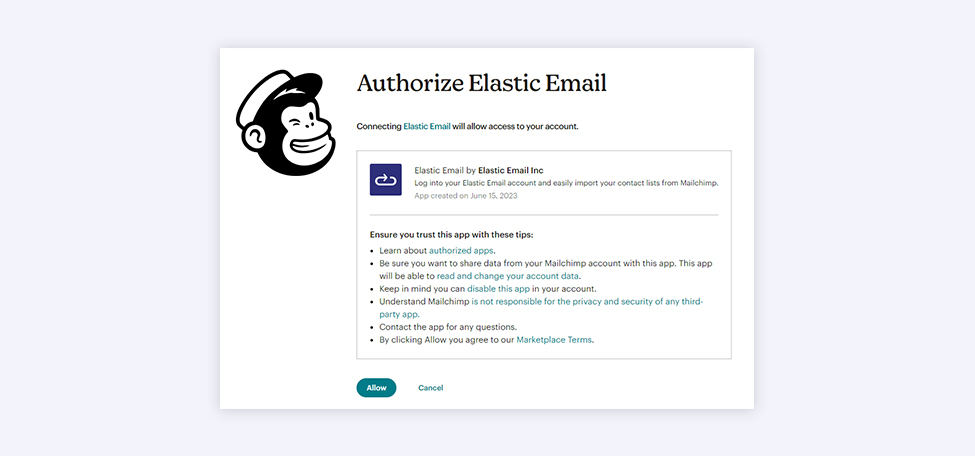 Screenshot from Mailchimp app to Authorize Elastic Email